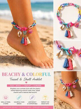 Boho Colorful Chain Anklet with Tassels Shell Charm Beach Vacation Jewelry